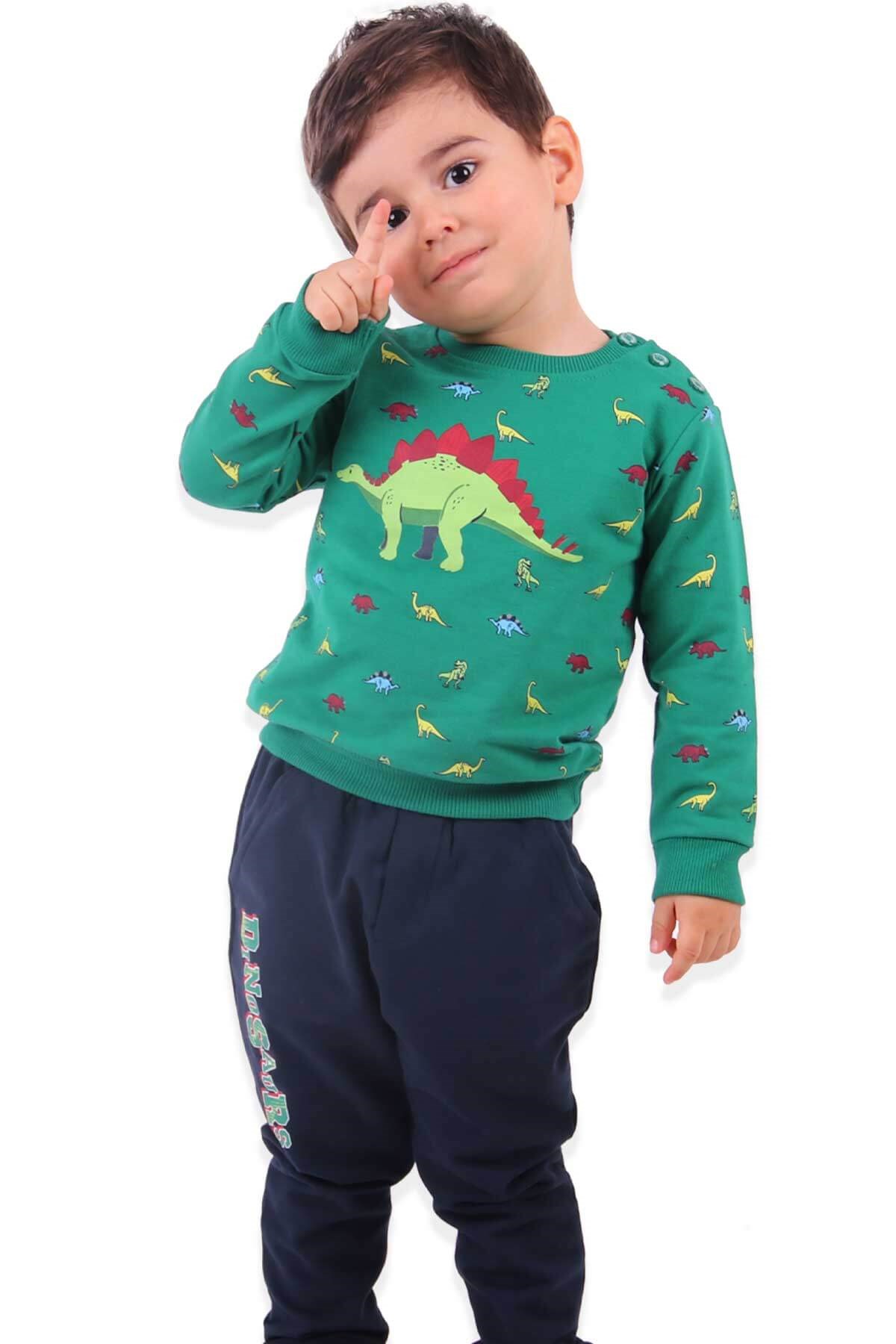 BREEZE Erkek Bebek Eşofman Takımı Dinozorlu Yeşil (9 Ay-3 Yaş)