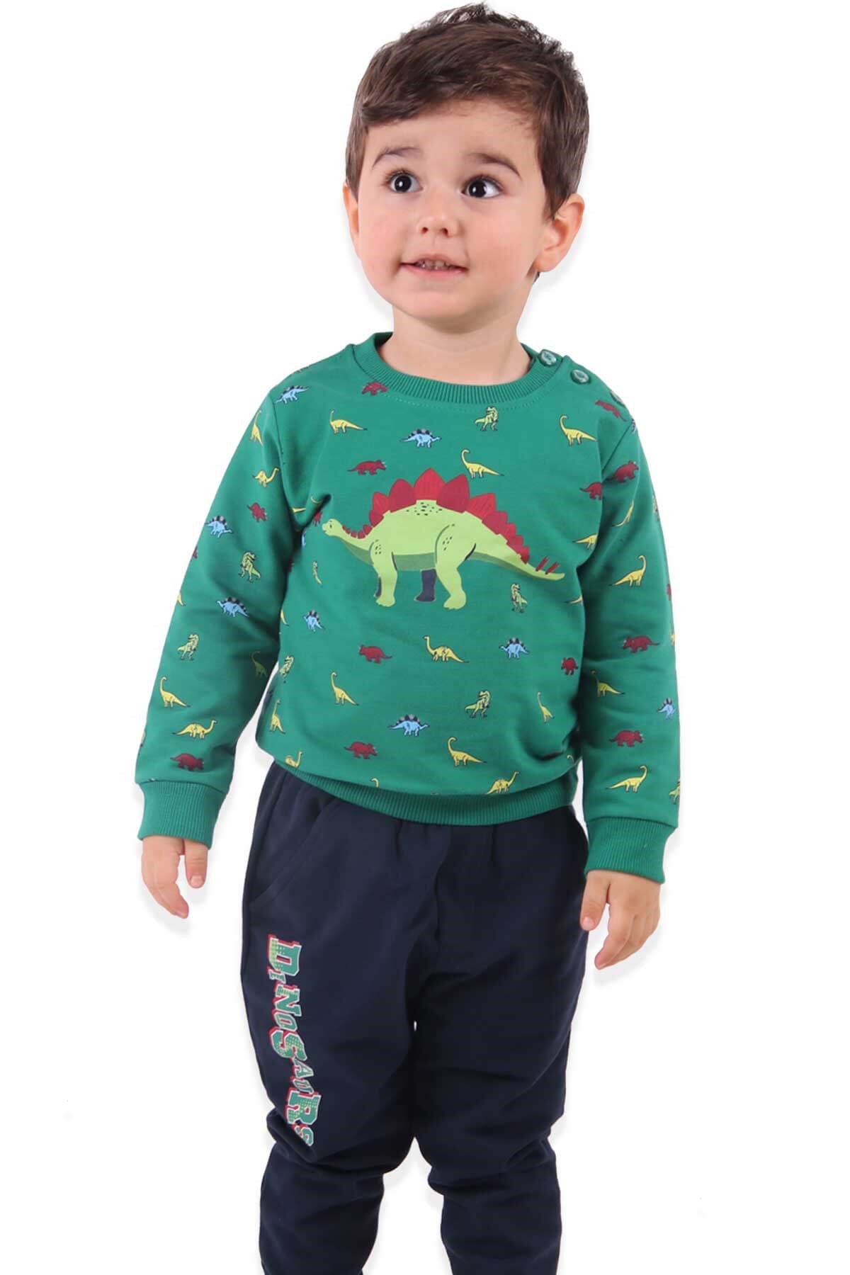 BREEZE Erkek Bebek Eşofman Takımı Dinozorlu Yeşil (9 Ay-3 Yaş)