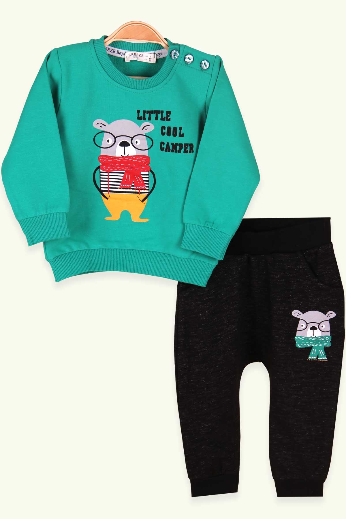 Breeze Erkek Bebek Eşofman Takımı Gözlüklü Ayıcık Baskılı Yeşil (6 Ay-2 Yaş)