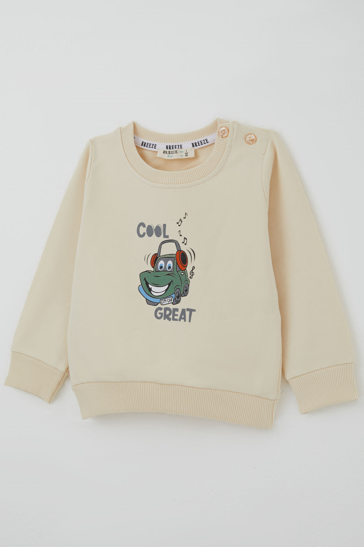 Breeze Erkek Bebek Eşofman Takımı Havalı Şehir Arabası Sırt Baskı Detaylı Krem (6 Ay - 2 Yaş)