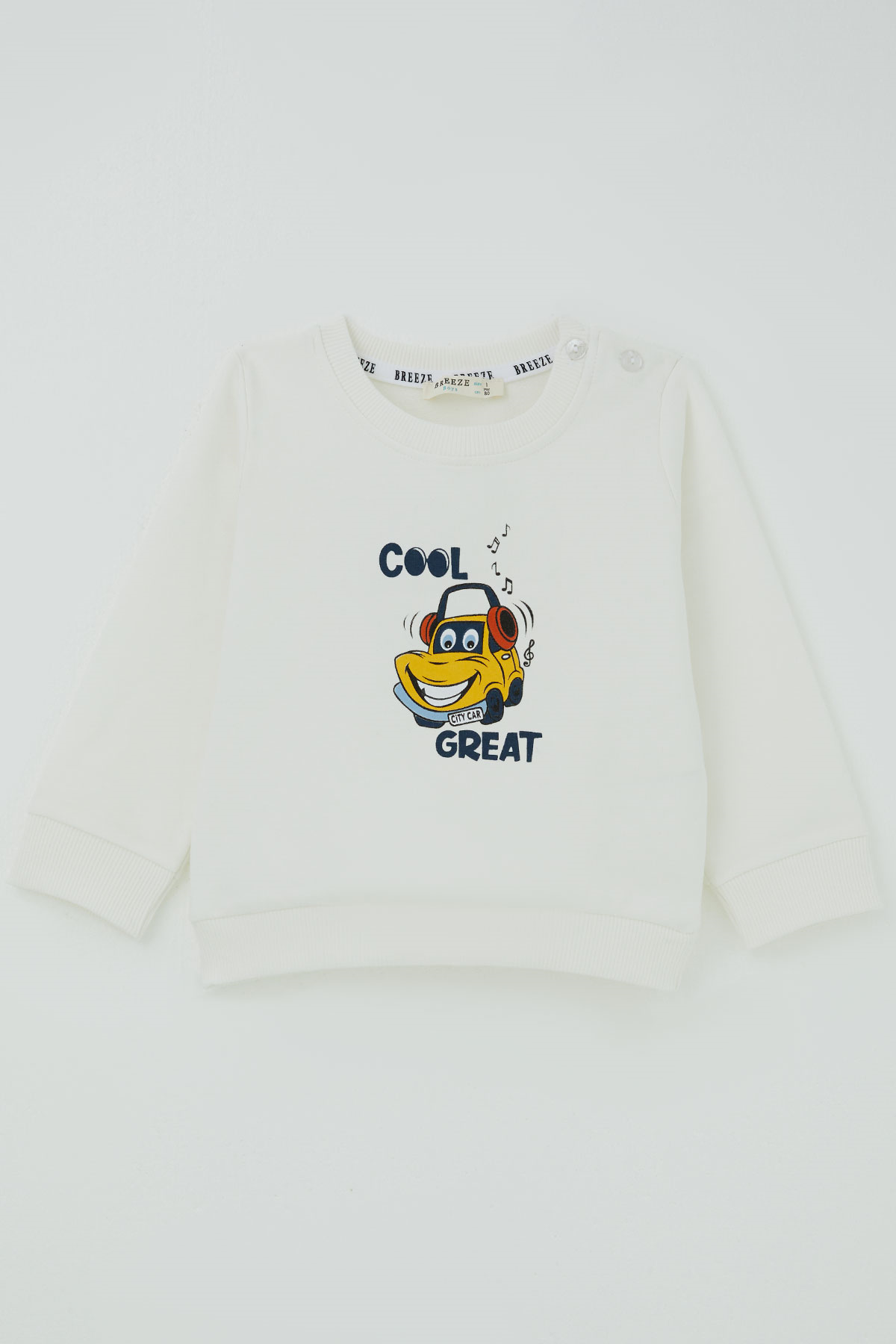 Breeze Erkek Bebek Eşofman Takımı Havalı Şehir Arabası Sırt Baskı Detaylı Ekru (6 Ay - 2 Yaş)