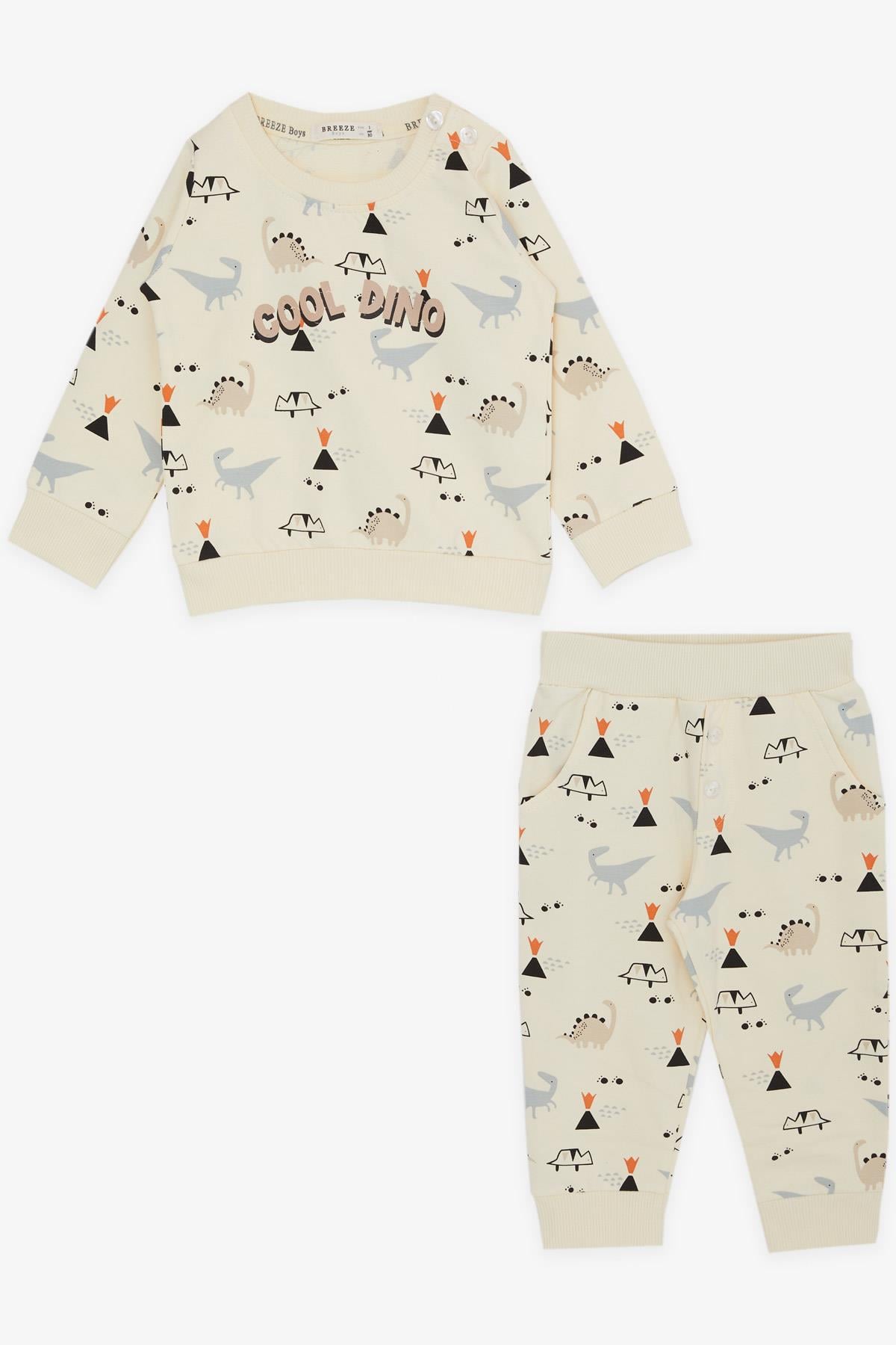 Breeze Erkek Bebek Eşofman Takımı Havalı Dinozorlar Desenli Krem (6 Ay-2 Yaş)