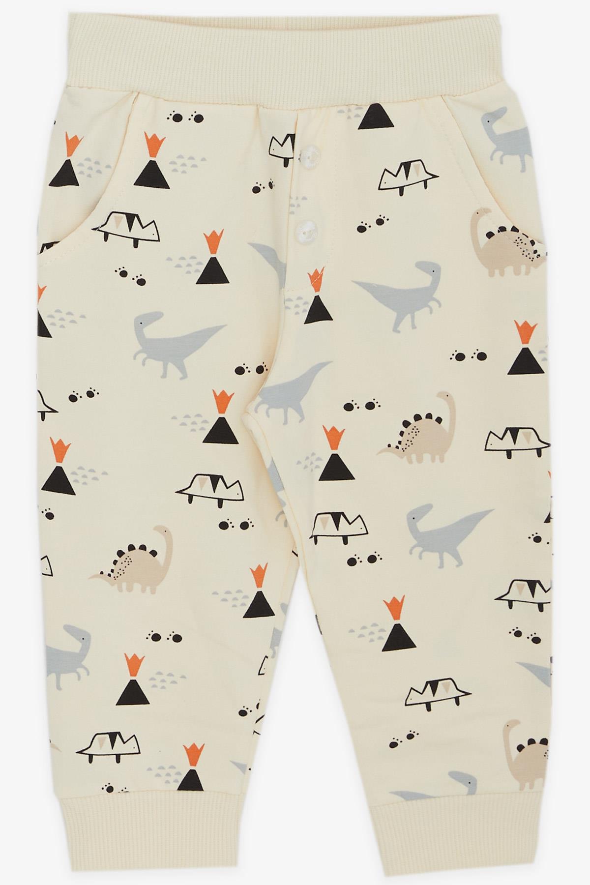 Breeze Erkek Bebek Eşofman Takımı Havalı Dinozorlar Desenli Krem (6 Ay-2 Yaş)