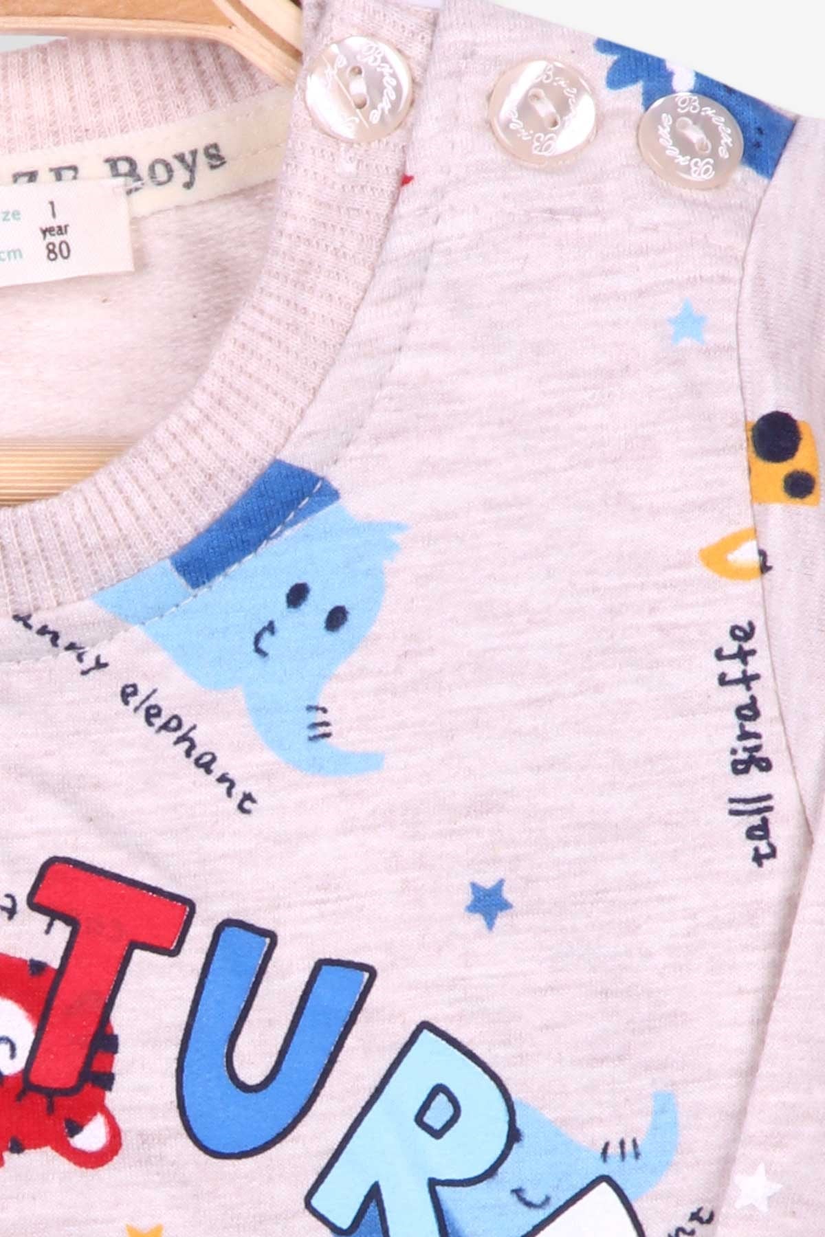 Breeze Erkek Bebek Eşofman Takımı Hayvan Desenli Bej Melanj (9 Ay-3 Yaş)