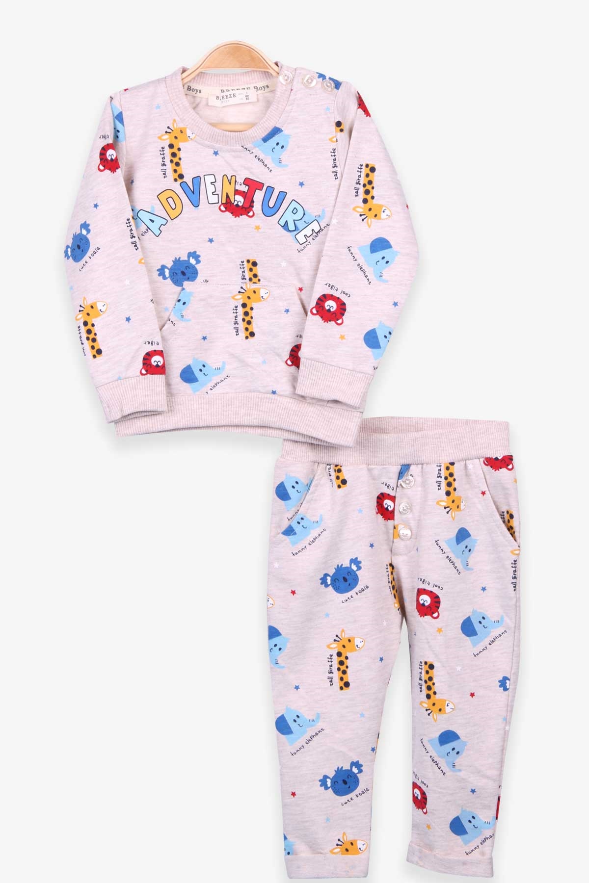 Breeze Erkek Bebek Eşofman Takımı Hayvan Desenli Bej Melanj (9 Ay-3 Yaş)