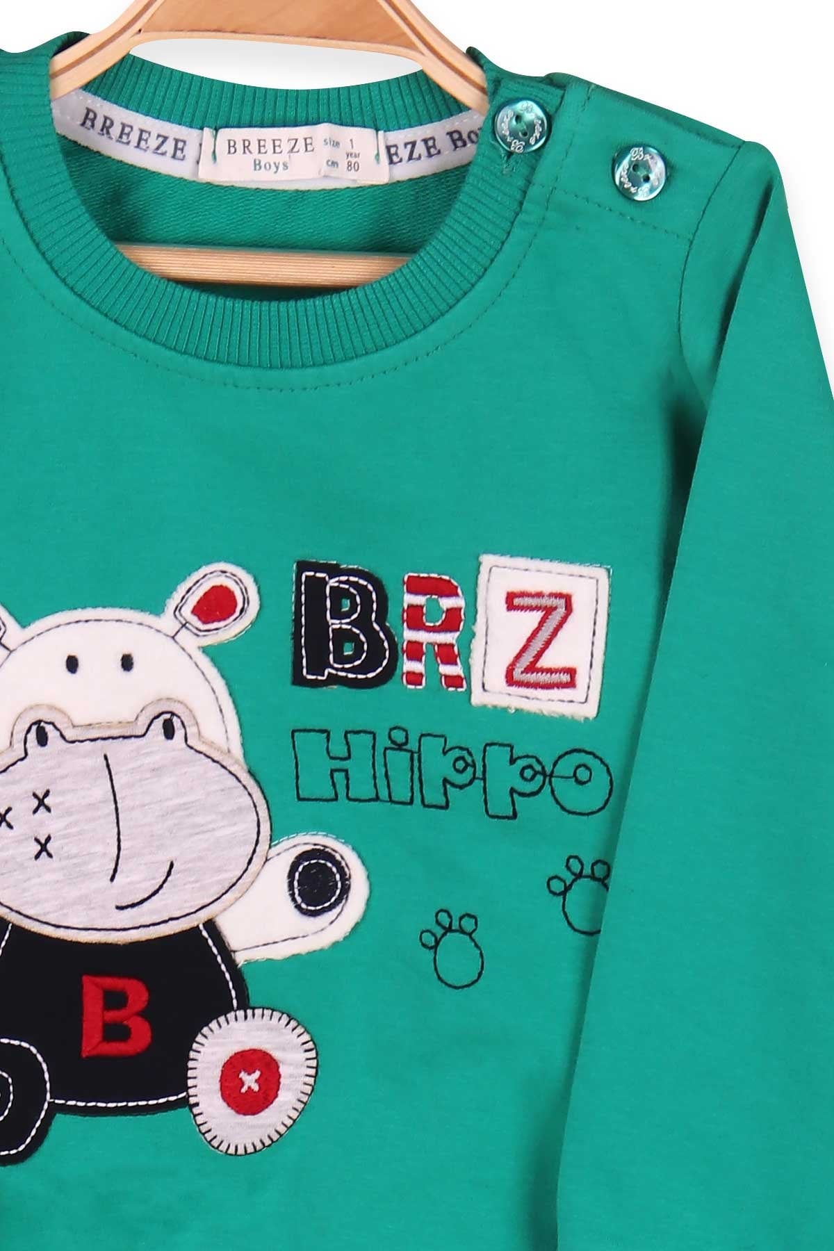 Breeze Erkek Bebek Eşofman Takımı Hipopotam Nakışlı Yeşil (6 Ay-2 Yaş)