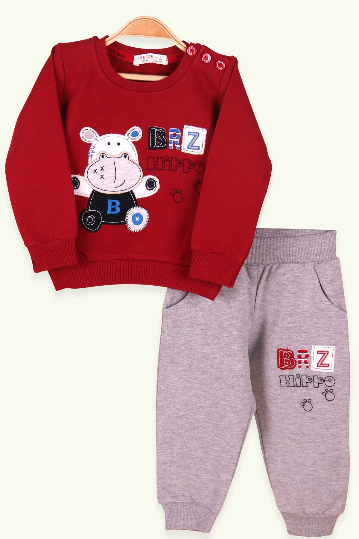 Breeze Erkek Bebek Eşofman Takımı Hipopotam Nakışlı Bordo (6 Ay-2 Yaş)