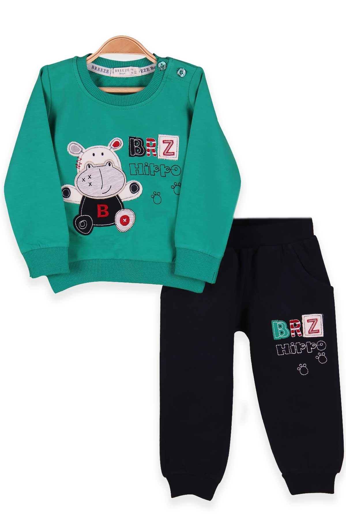 Breeze Erkek Bebek Eşofman Takımı Hipopotam Nakışlı Yeşil (6 Ay-2 Yaş)