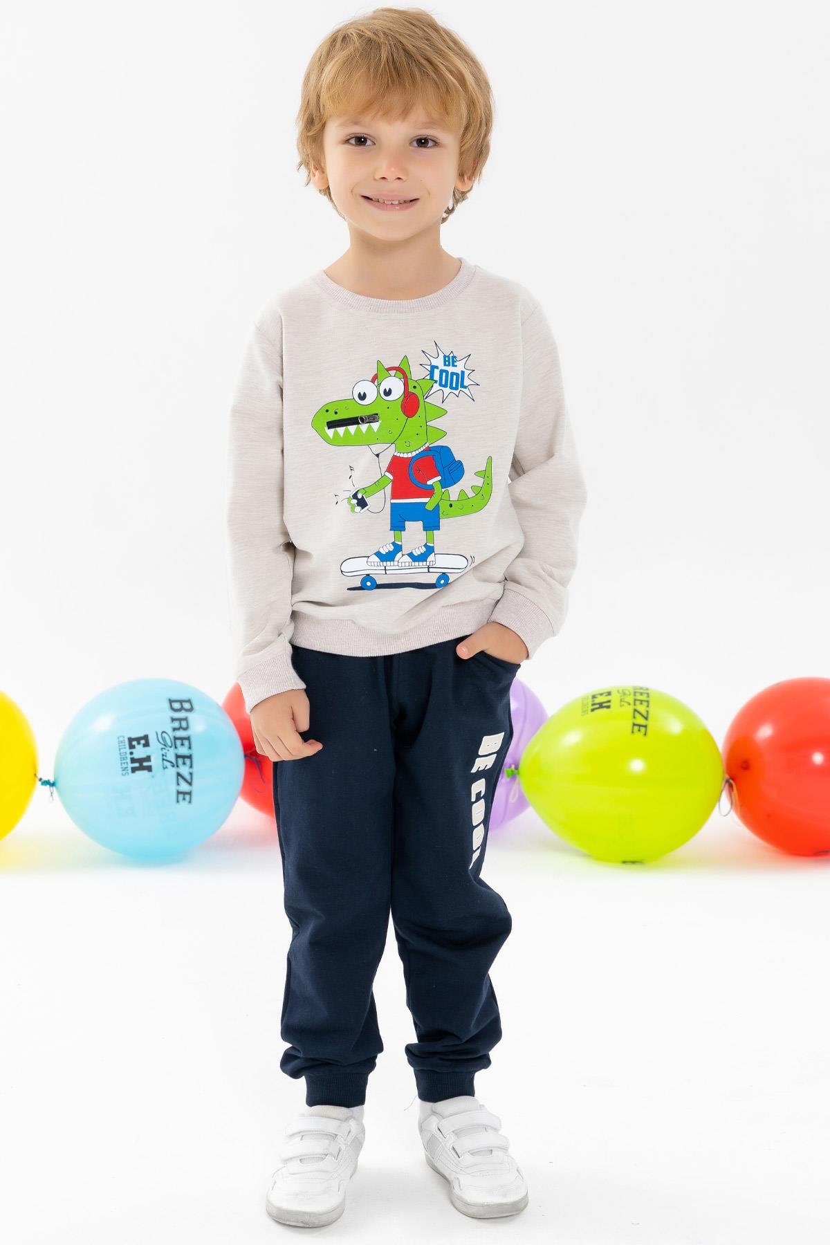 Breeze Erkek Bebek Eşofman Takımı Kaykaycı Timsah Baskılı Bej Melanj (2 Yaş)