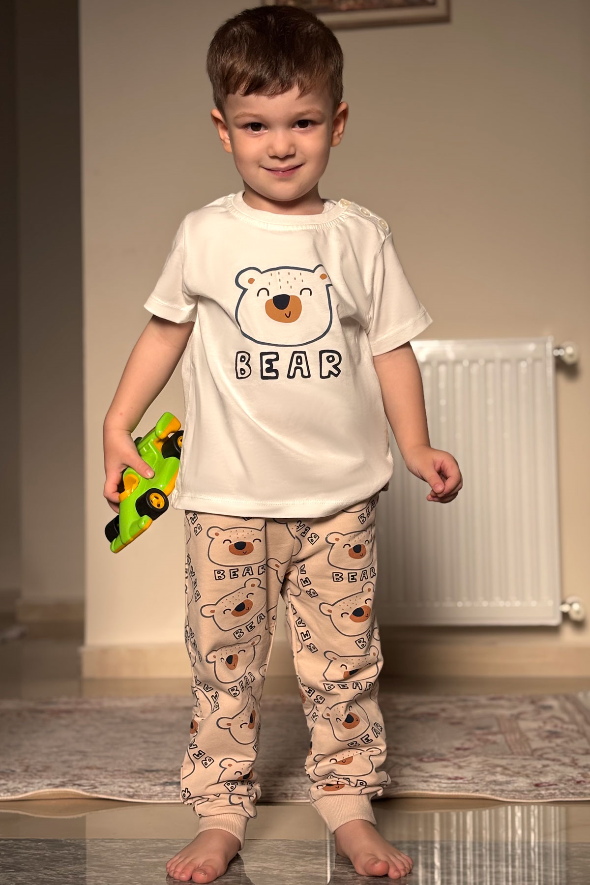 Breeze Erkek Bebek Eşofman Takımı Kısa Kollu Sevimli Ayıcık Baskılı Ekru (9 Ay-2 Yaş)