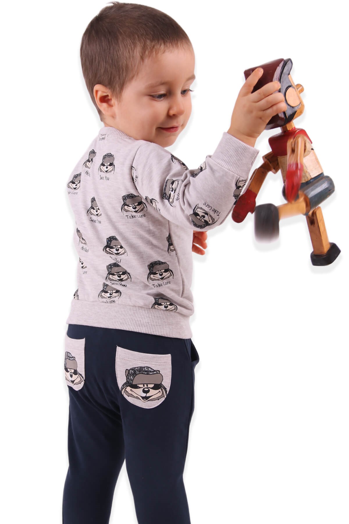 BREEZE Erkek Bebek Eşofman Takımı Köpekli Bej-Lacivert (6 Ay-2 Yaş)