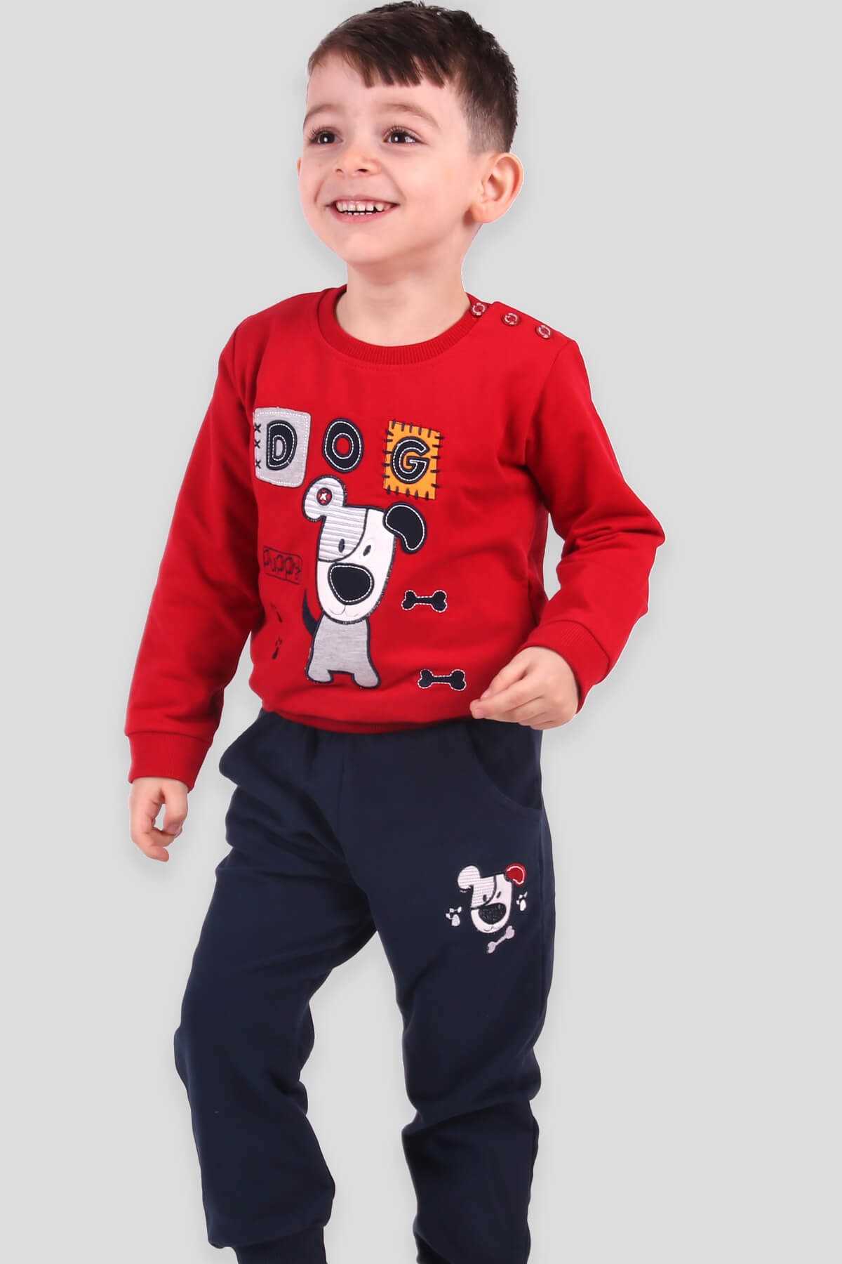 Breeze Erkek Bebek Eşofman Takımı Köpekli Kırmızı-Lacivert (1-4 Yaş)