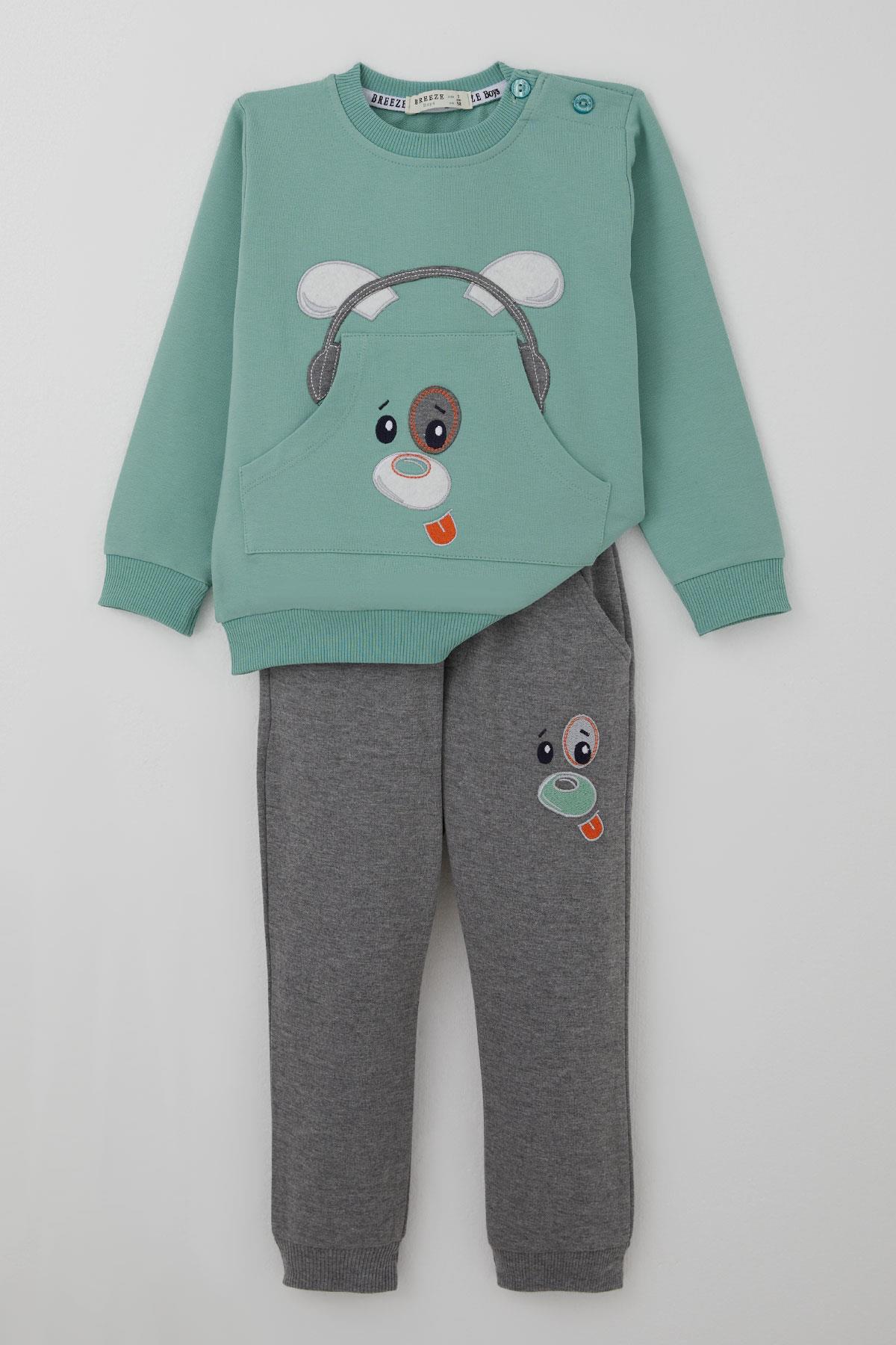 Breeze Erkek Bebek Eşofman Takımı Kulaklıklı Köpekçik Nakışlı Su Yeşili (9 Ay-3 Yaş)