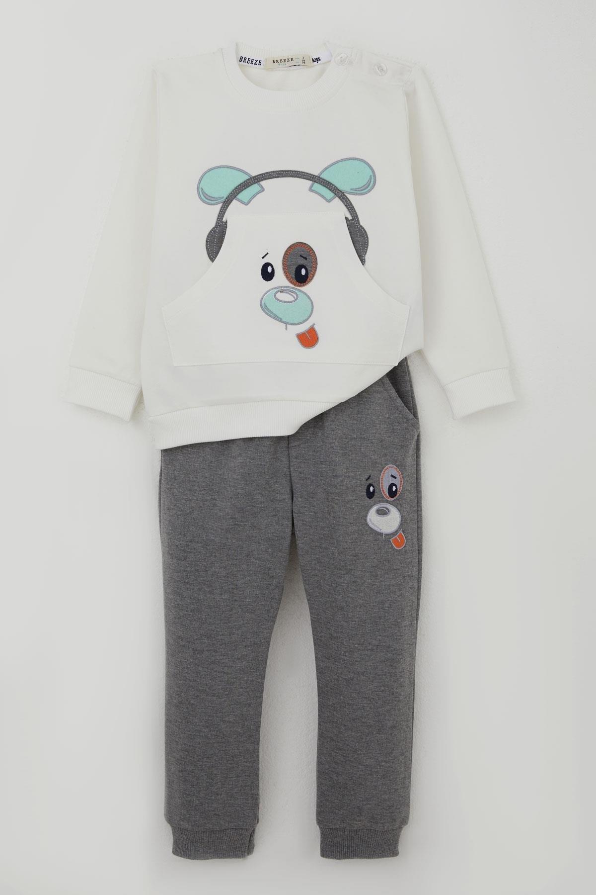 Breeze Erkek Bebek Eşofman Takımı Kulaklıklı Köpekçik Nakışlı Beyaz (9 Ay-2 Yaş)