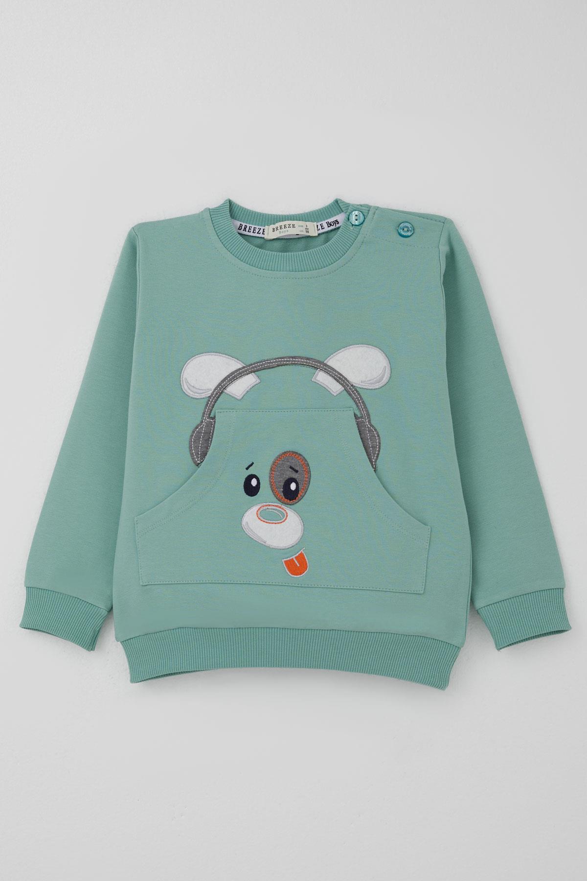 Breeze Erkek Bebek Eşofman Takımı Kulaklıklı Köpekçik Nakışlı Su Yeşili (9 Ay-3 Yaş)