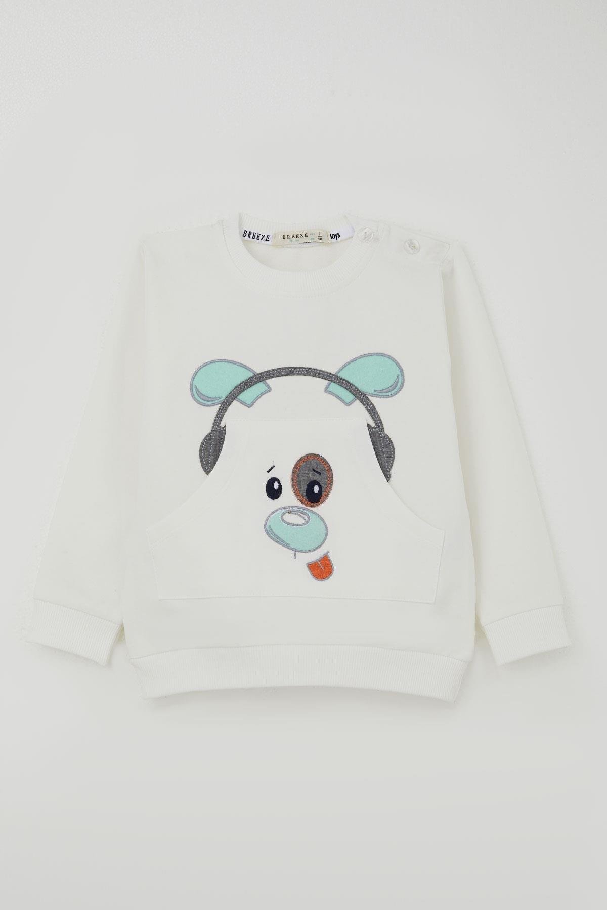 Breeze Erkek Bebek Eşofman Takımı Kulaklıklı Köpekçik Nakışlı Beyaz (9 Ay-2 Yaş)