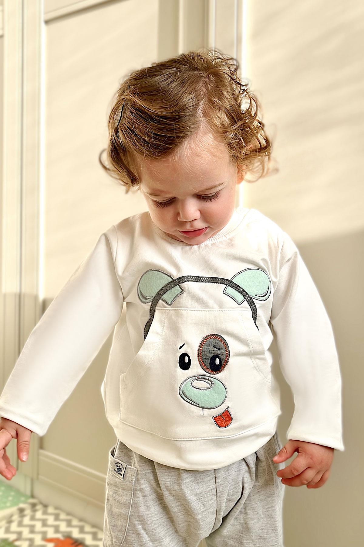 Breeze Erkek Bebek Eşofman Takımı Kulaklıklı Köpekçik Nakışlı Beyaz (9 Ay-2 Yaş)