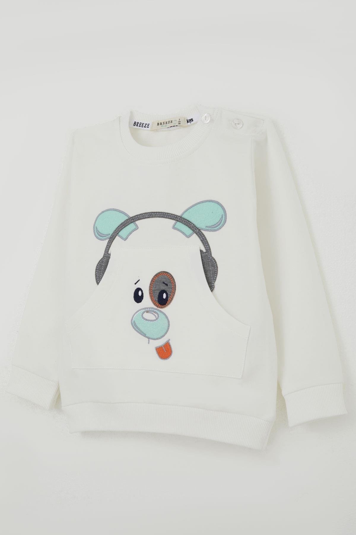 Breeze Erkek Bebek Eşofman Takımı Kulaklıklı Köpekçik Nakışlı Beyaz (9 Ay-2 Yaş)
