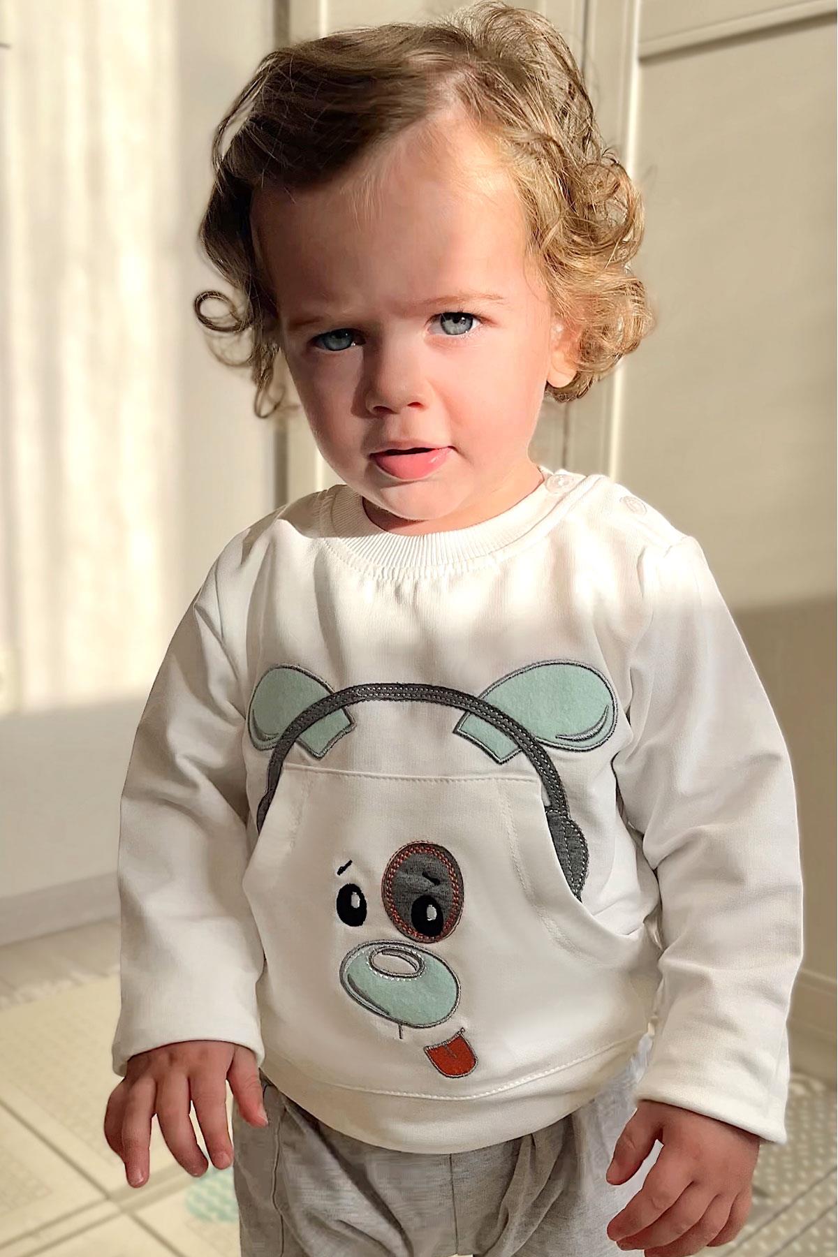 Breeze Erkek Bebek Eşofman Takımı Kulaklıklı Köpekçik Nakışlı Beyaz (9 Ay-2 Yaş)