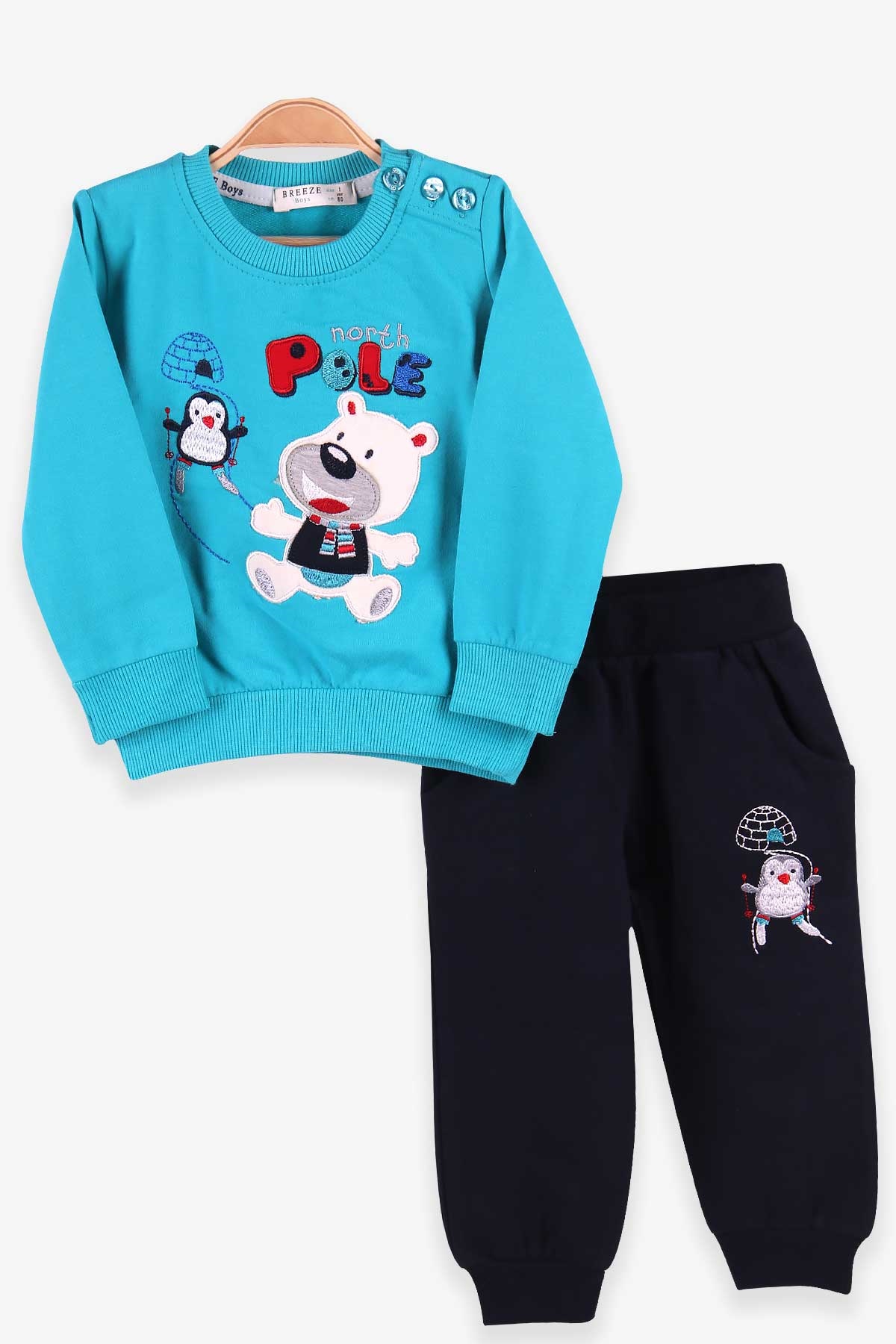 Breeze Erkek Bebek Eşofman Takımı Kuzey Kutbu Nakışlı Turkuaz (6 Ay-2 Yaş)