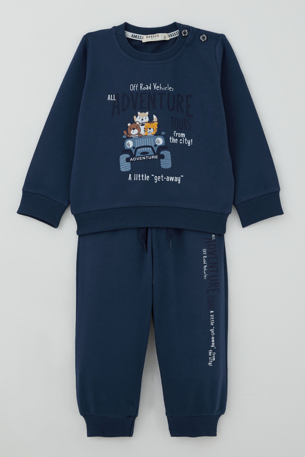 Breeze Erkek Bebek Eşofman Takımı Maceracı Şoför Hayvancıklar Baskılı Koyu Mavi (6 Ay - 2 Yaş)