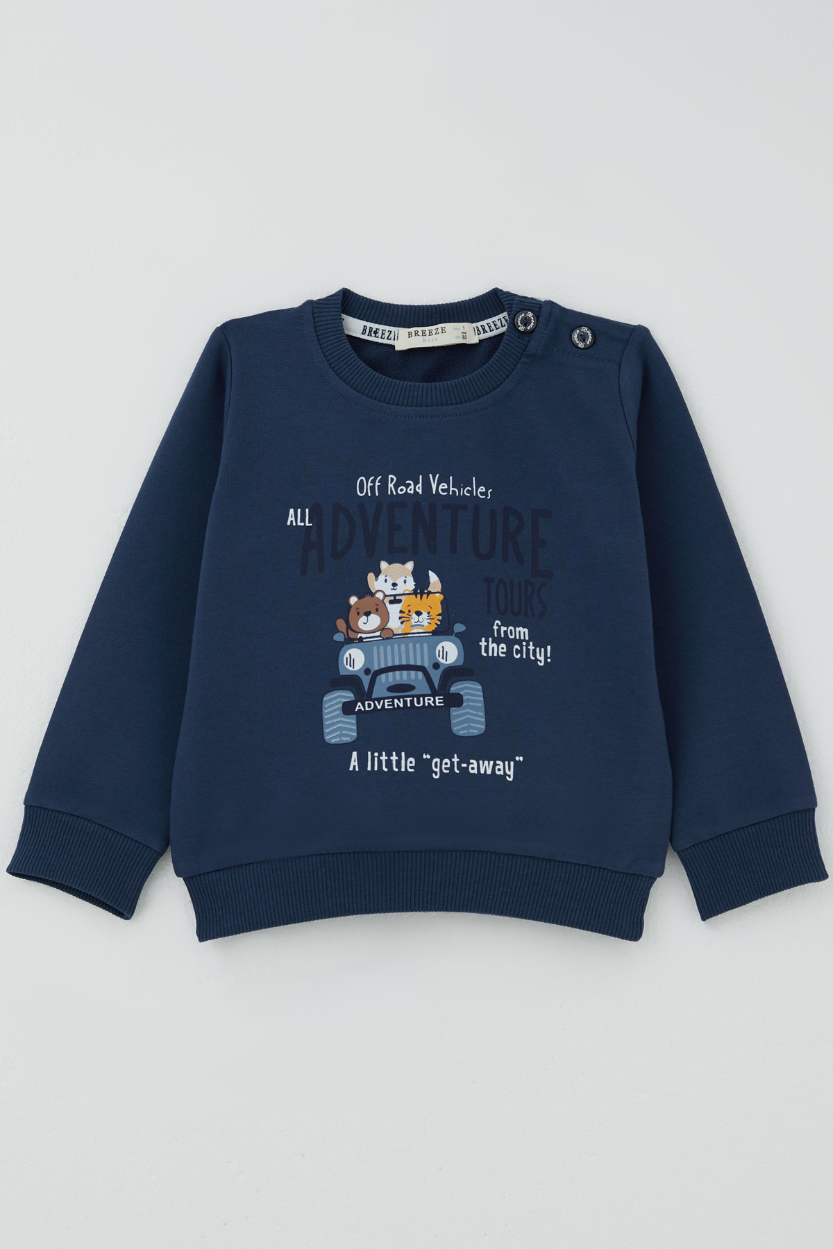 Breeze Erkek Bebek Eşofman Takımı Maceracı Şoför Hayvancıklar Baskılı Koyu Mavi (6 Ay - 2 Yaş)