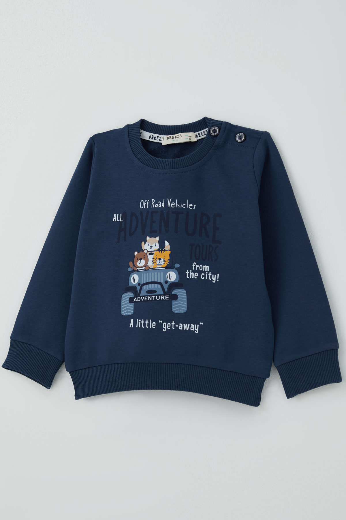 Breeze Erkek Bebek Eşofman Takımı Maceracı Şoför Hayvancıklar Baskılı Koyu Mavi (6 Ay - 2 Yaş)
