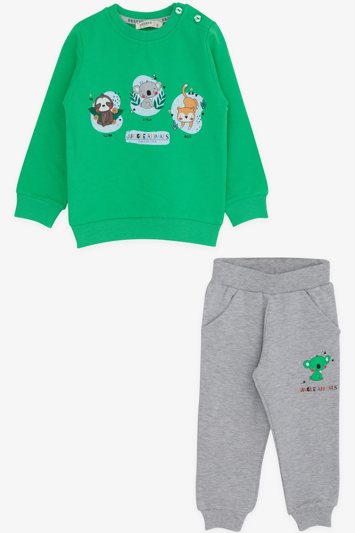 Breeze Erkek Bebek Eşofman Takımı Orman Hayvanları Baskılı Yeşil (6 Ay-2 Yaş)