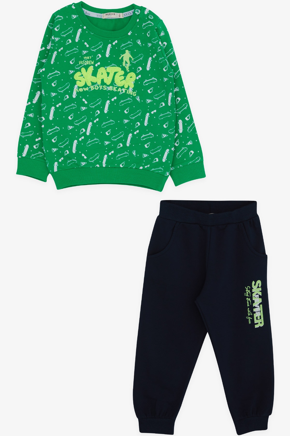 Breeze Erkek Bebek Eşofman Takımı Patenci Çocuk Desenli Yeşil (9 Ay-3 Yaş)