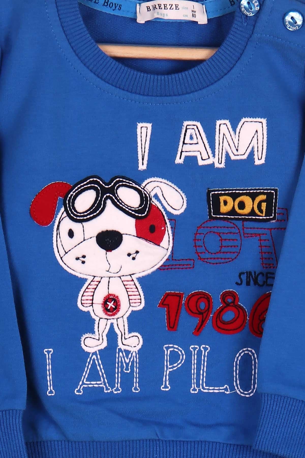 Breeze Erkek Bebek Eşofman Takımı Pilot Köpek Nakışlı Mavi (9 Ay-3 Yaş)