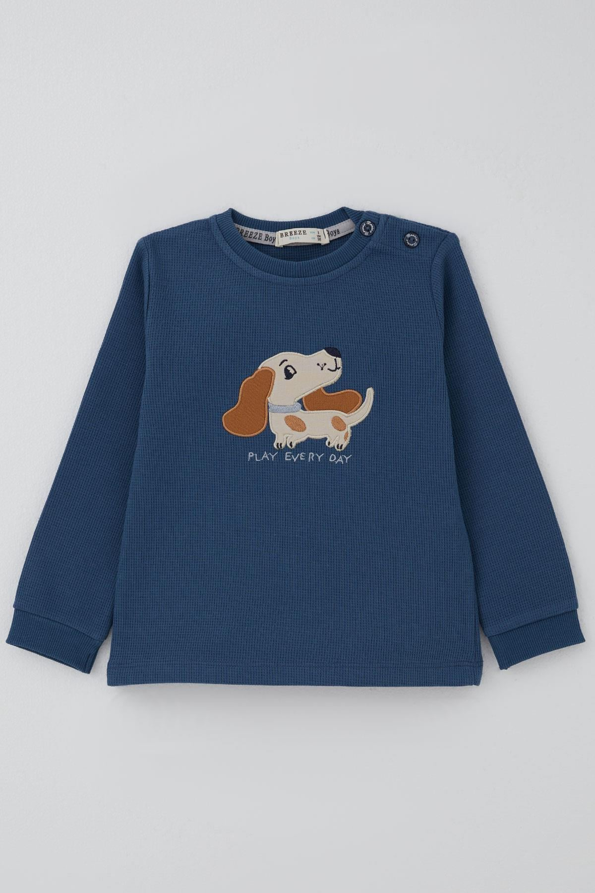 Breeze Erkek Bebek Eşofman Takımı Sevimli Köpekçik Nakışlı İndigo (9 Ay-3 Yaş)