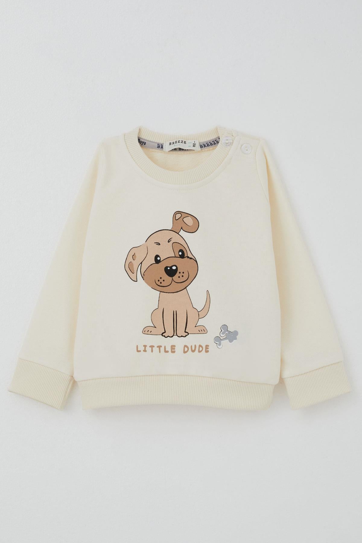 Breeze Erkek Bebek Eşofman Takımı Sevimli Köpekçik Baskılı Krem (6 Ay-2 Yaş)