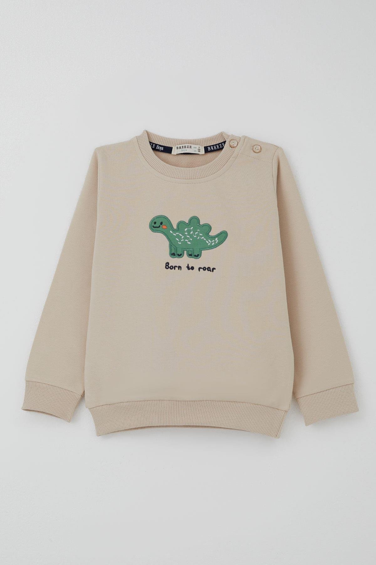 Breeze Erkek Bebek Eşofman Takımı Sevimli Dinozor Nakışlı Bej (9 Ay-3 Yaş)