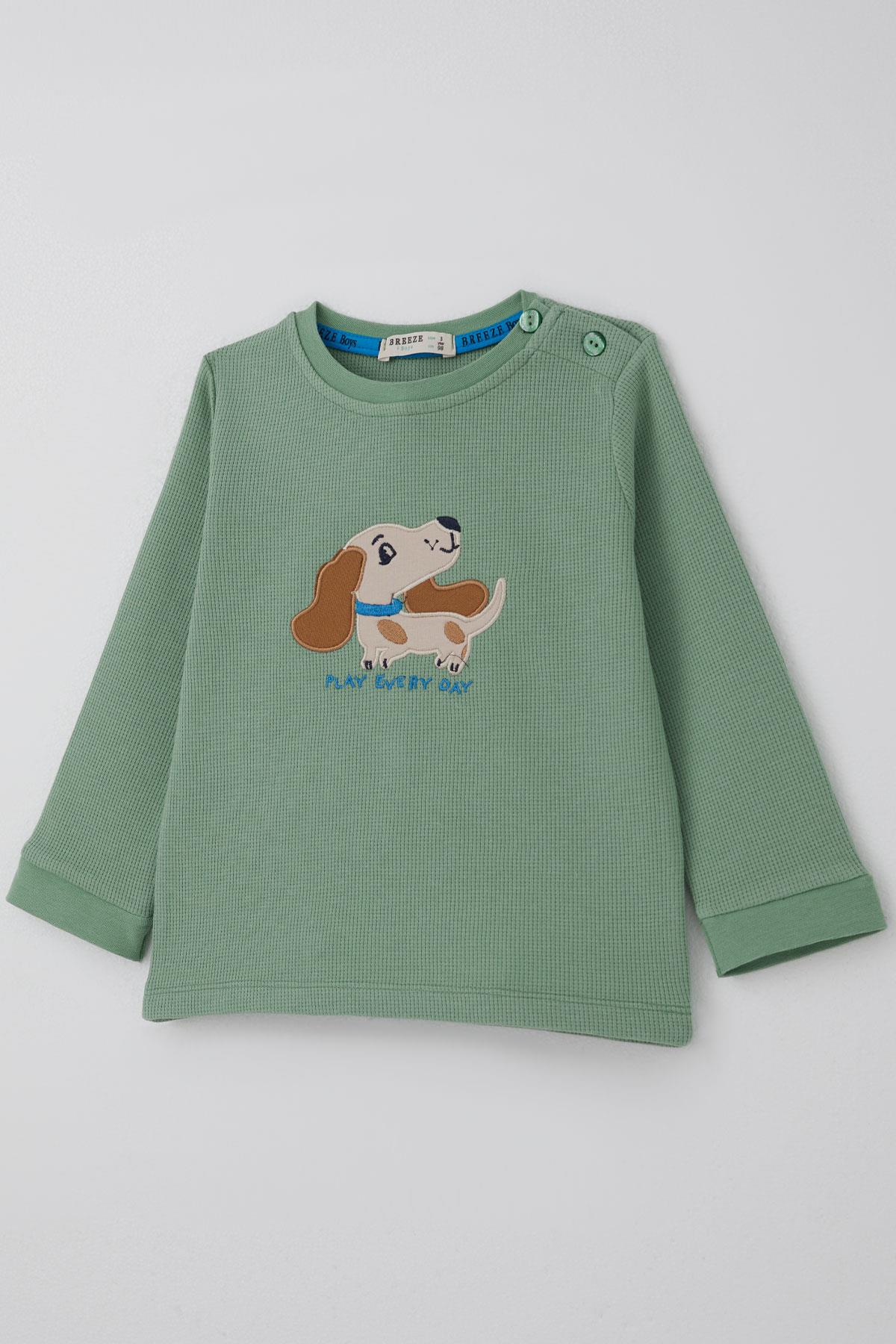 Breeze Erkek Bebek Eşofman Takımı Sevimli Köpekçik Nakışlı Mint Yeşili (9 Ay-3 Yaş)