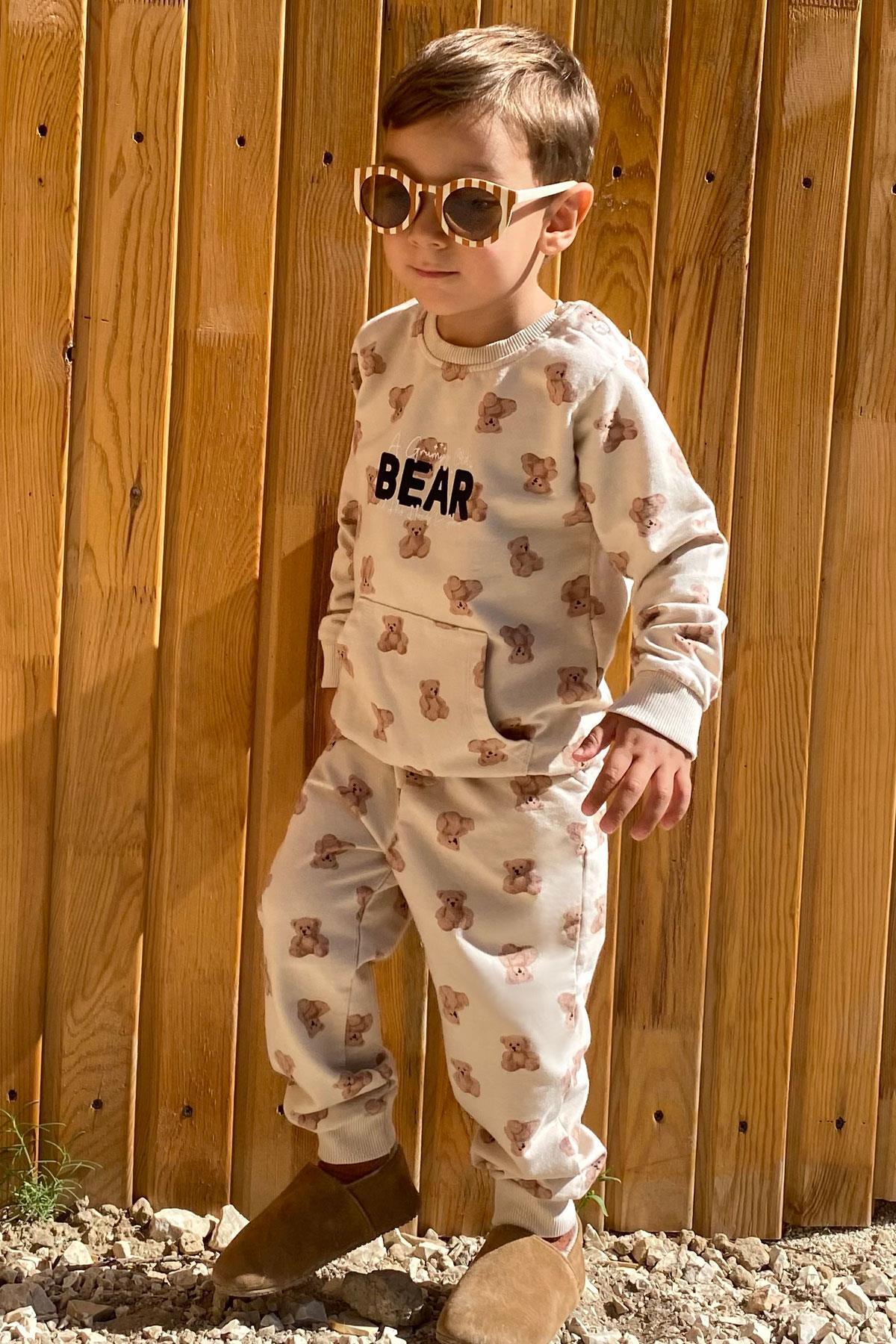 Breeze Erkek Bebek Eşofman Takımı Sevimli Ayıcık Desenli Pantolonu Düğme Aksesuarlı Bej (9 Ay-3 Yaş)