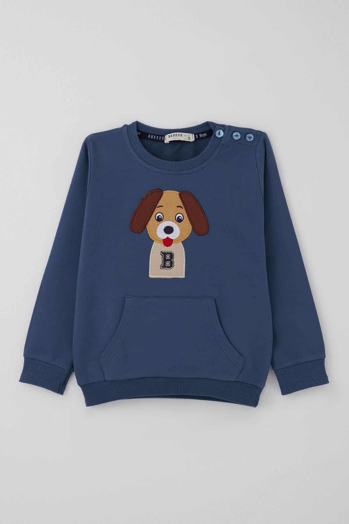Breeze Erkek Bebek Eşofman Takımı Sevimli Köpekçik Nakışlı Kanguru Cepli İndigo (9 Ay-3 Yaş)