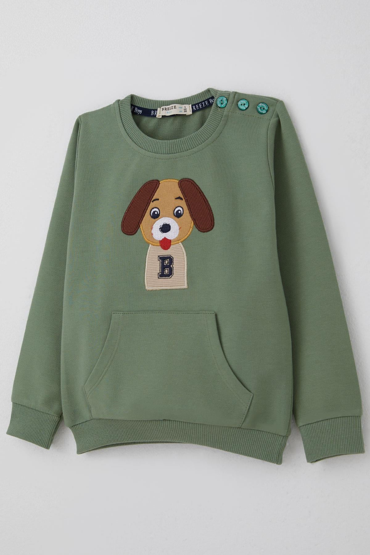 Breeze Erkek Bebek Eşofman Takımı Sevimli Köpekçik Nakışlı Kanguru Cepli Mint Yeşili (9 Ay-3 Yaş)
