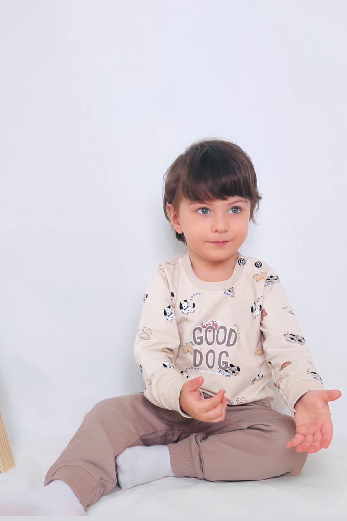 Breeze Erkek Bebek Eşofman Takımı Sevimli Köpekçikler Desenli Bej (9 Ay-3 Yaş)
