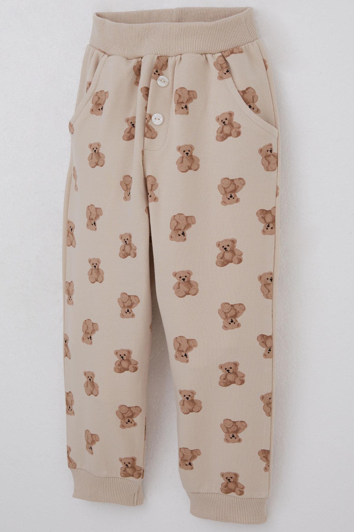 Breeze Erkek Bebek Eşofman Takımı Sevimli Ayıcık Desenli Pantolonu Düğme Aksesuarlı Bej (9 Ay-3 Yaş)