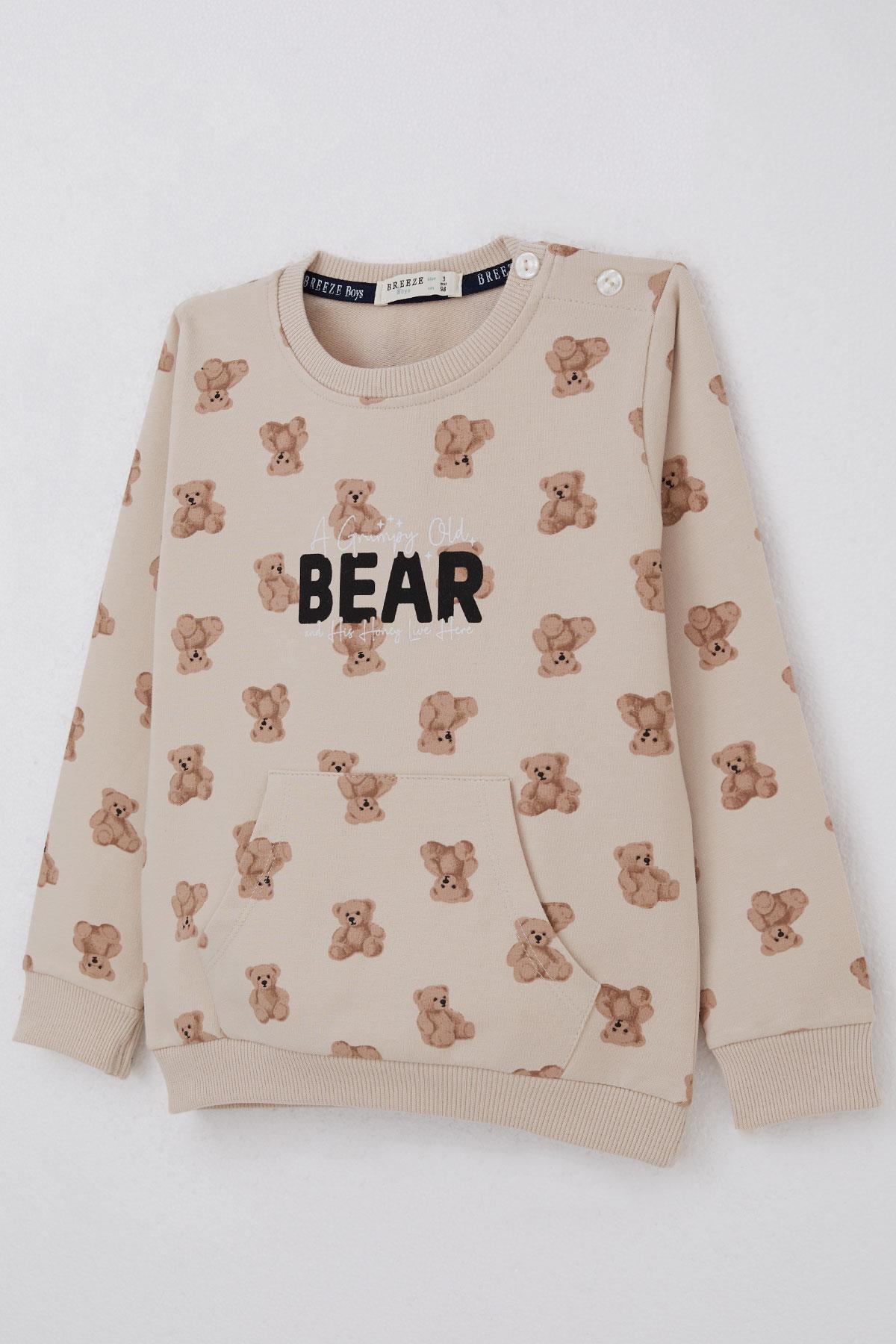 Breeze Erkek Bebek Eşofman Takımı Sevimli Ayıcık Desenli Pantolonu Düğme Aksesuarlı Bej (9 Ay-3 Yaş)