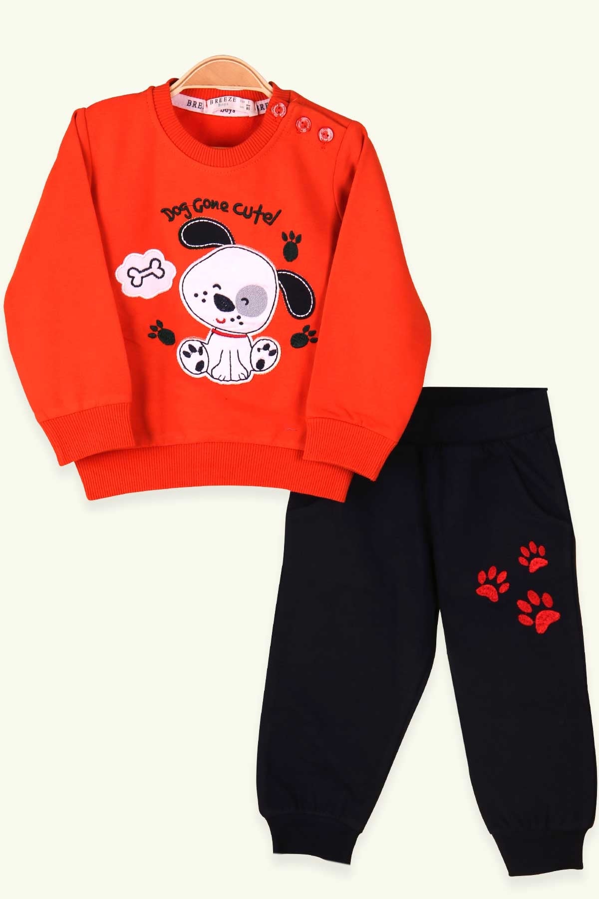 Breeze Erkek Bebek Eşofman Takımı Sevimli Köpek Nakışlı Turuncu (6 Ay-2 Yaş)