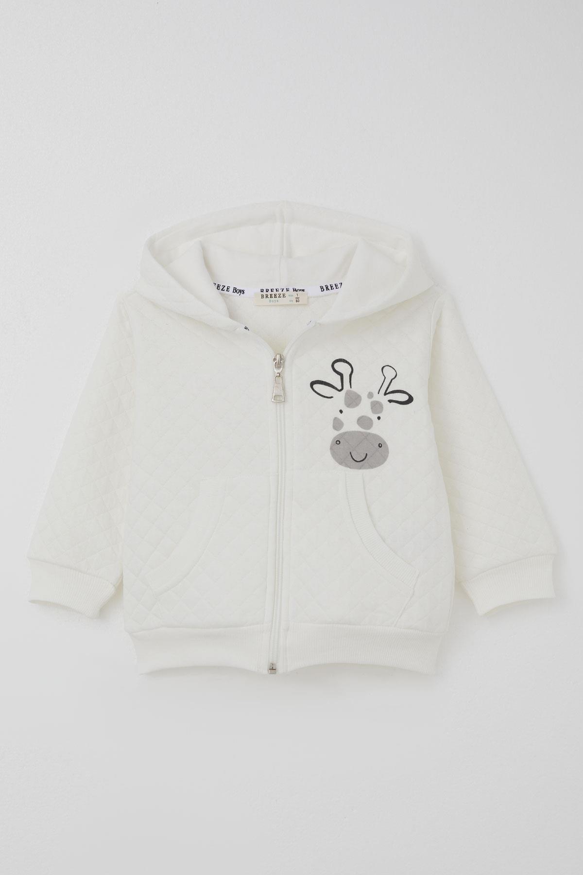 Breeze Erkek Bebek Eşofman Takımı Sevimli Zürafa Baskılı Kapitone Desenli Ekru (6 Ay-1.5 Yaş)