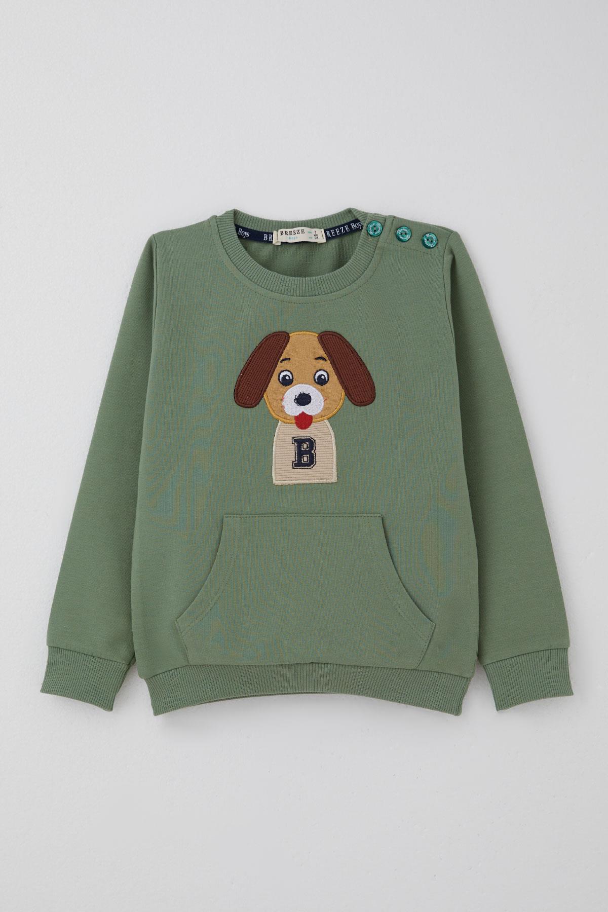 Breeze Erkek Bebek Eşofman Takımı Sevimli Köpekçik Nakışlı Kanguru Cepli Mint Yeşili (9 Ay-3 Yaş)