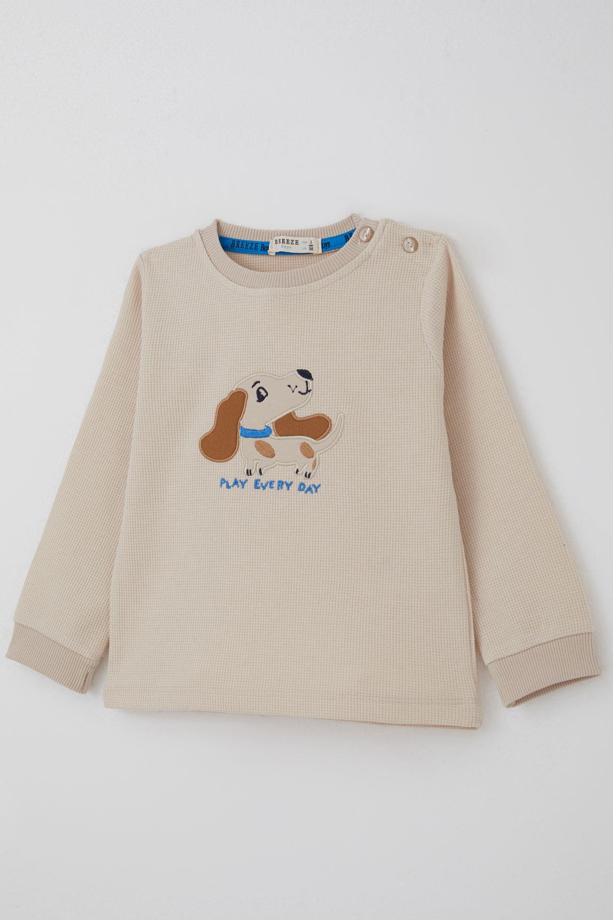 Breeze Erkek Bebek Eşofman Takımı Sevimli Köpekçik Nakışlı Krem (9 Ay-3 Yaş)