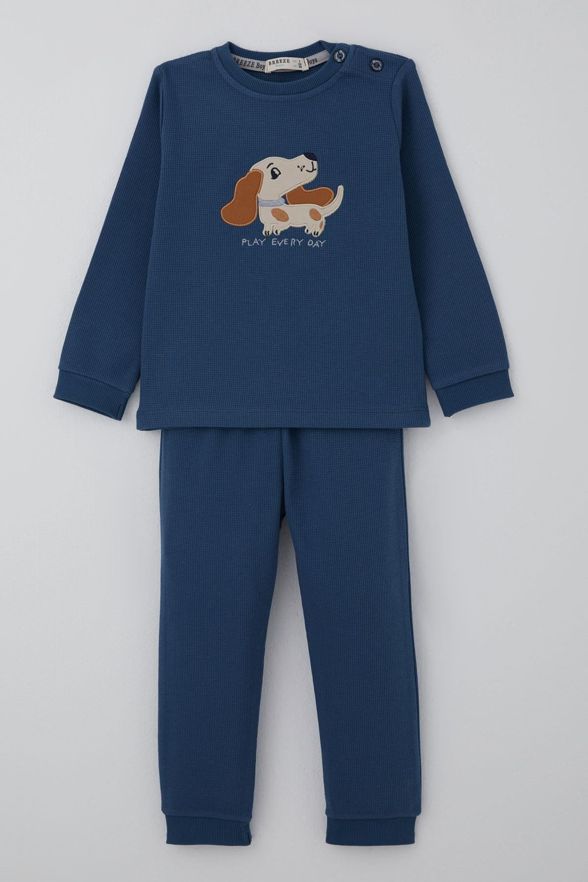 Breeze Erkek Bebek Eşofman Takımı Sevimli Köpekçik Nakışlı İndigo (9 Ay-3 Yaş)