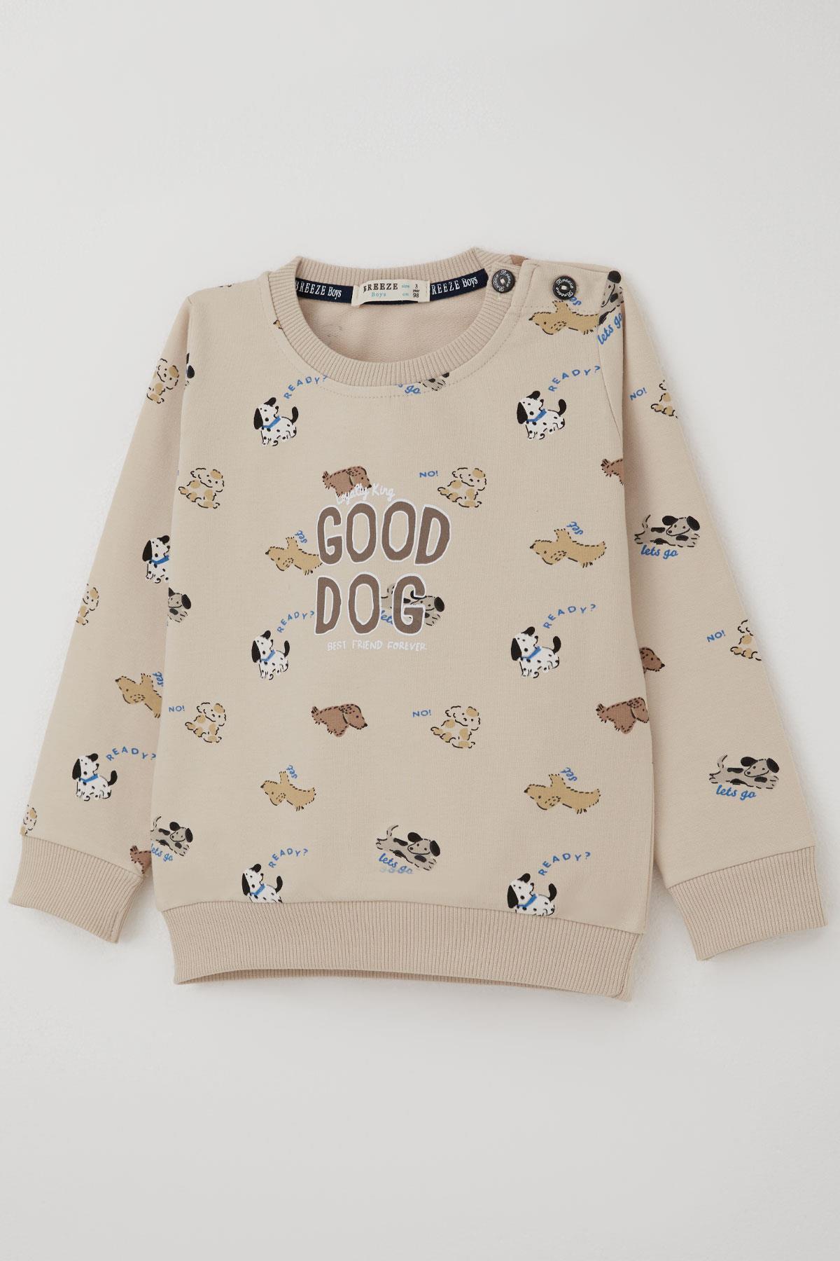 Breeze Erkek Bebek Eşofman Takımı Sevimli Köpekçikler Desenli Bej (9 Ay-3 Yaş)