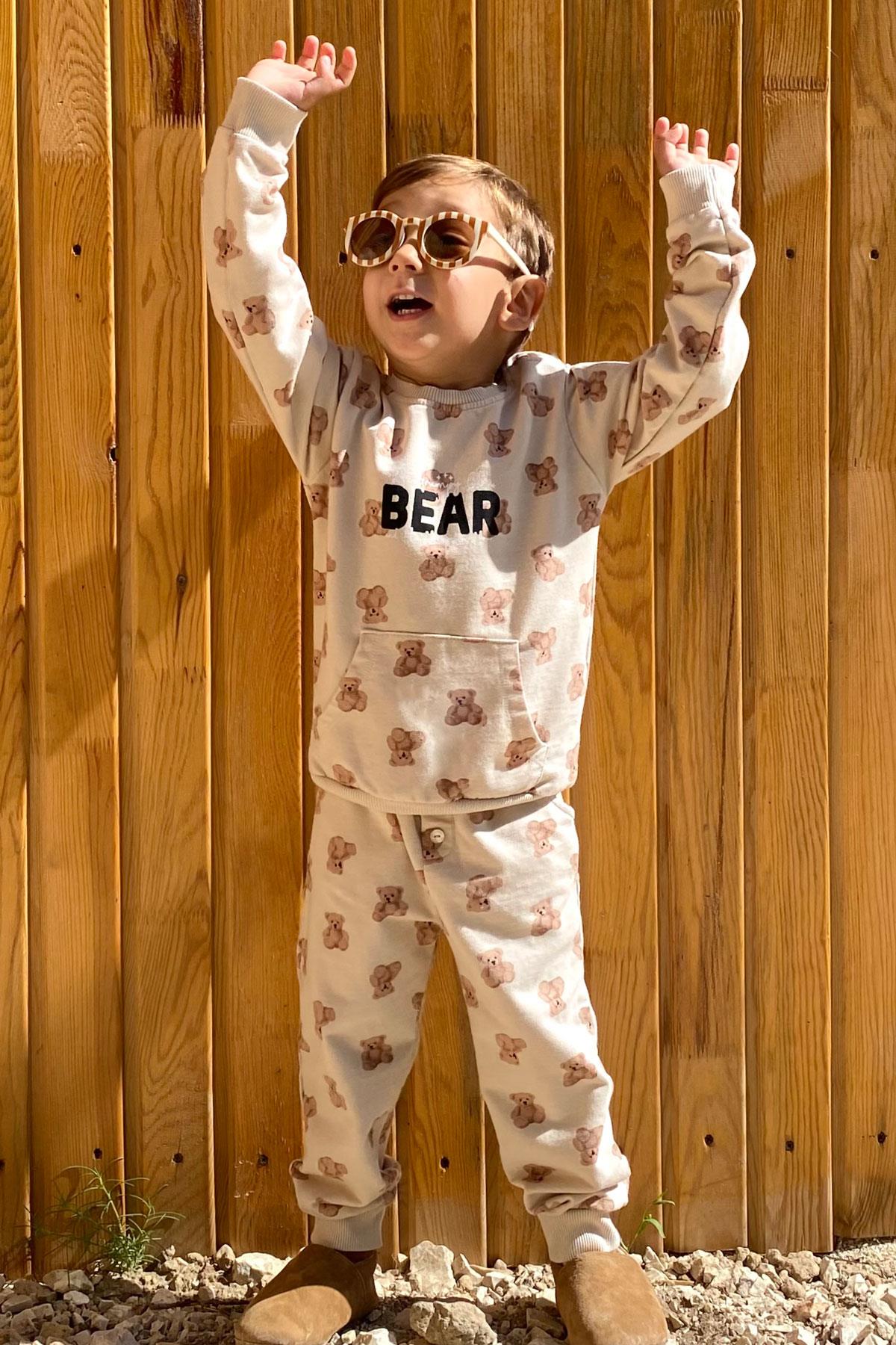 Breeze Erkek Bebek Eşofman Takımı Sevimli Ayıcık Desenli Pantolonu Düğme Aksesuarlı Bej (9 Ay-3 Yaş)