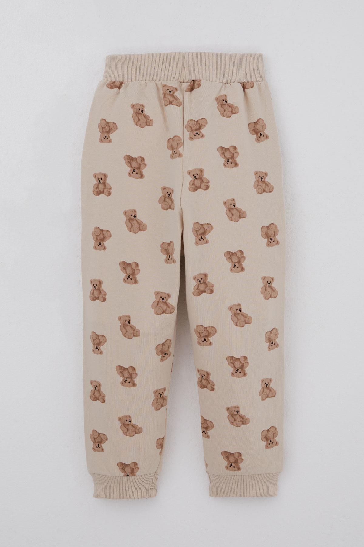 Breeze Erkek Bebek Eşofman Takımı Sevimli Ayıcık Desenli Pantolonu Düğme Aksesuarlı Bej (9 Ay-3 Yaş)