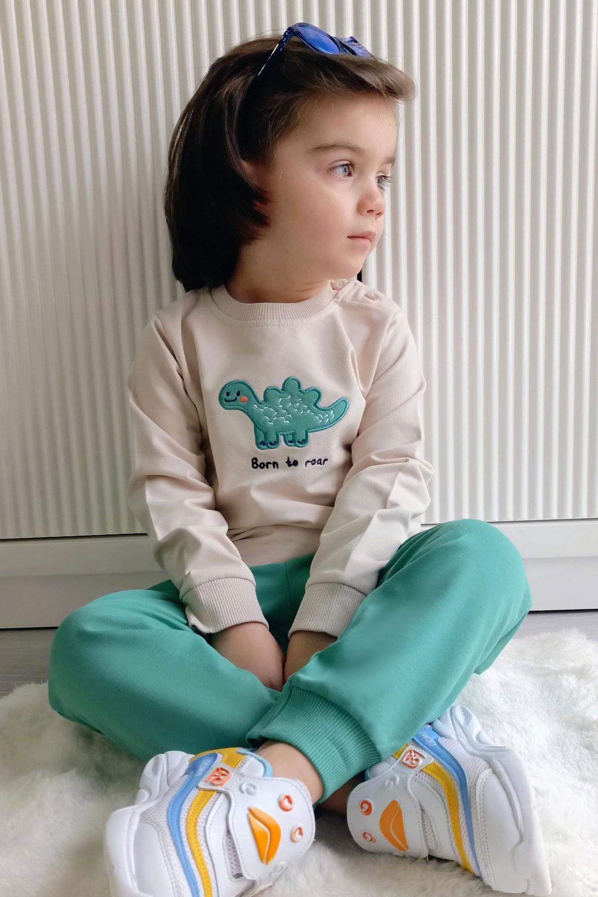 Breeze Erkek Bebek Eşofman Takımı Sevimli Dinozor Nakışlı Bej (9 Ay-3 Yaş)
