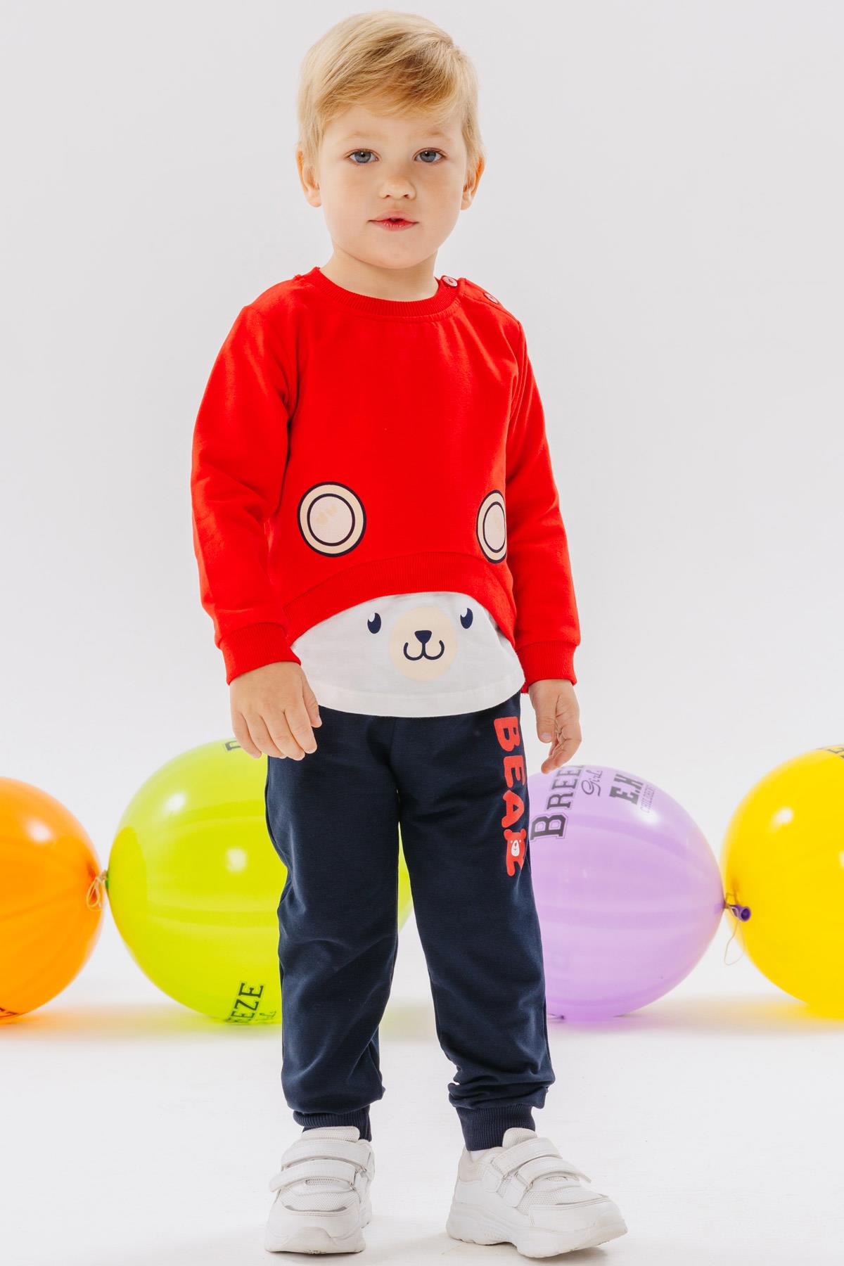 Breeze Erkek Bebek Eşofman Takımı Sevimli Ayıcık Baskılı Kırmızı (6 Ay-2 Yaş)